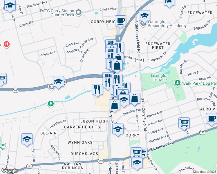 map of restaurants, bars, coffee shops, grocery stores, and more near 503 N Navy Blvd in Pensacola