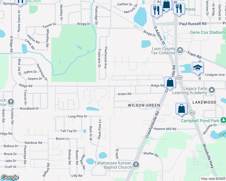map of restaurants, bars, coffee shops, grocery stores, and more near 4162 Ridge Haven Road in Tallahassee