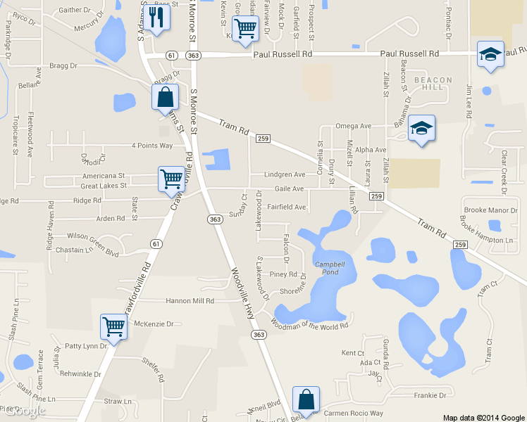 map of restaurants, bars, coffee shops, grocery stores, and more near 3505 Lakewood Drive in Tallahassee
