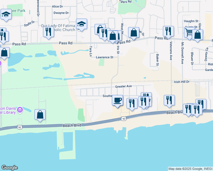 map of restaurants, bars, coffee shops, grocery stores, and more near 2024 Greater Avenue in Biloxi