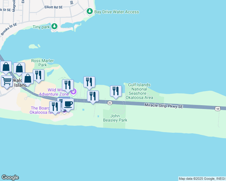 map of restaurants, bars, coffee shops, grocery stores, and more near 1335 Miracle Strip Parkway Southeast in Fort Walton Beach