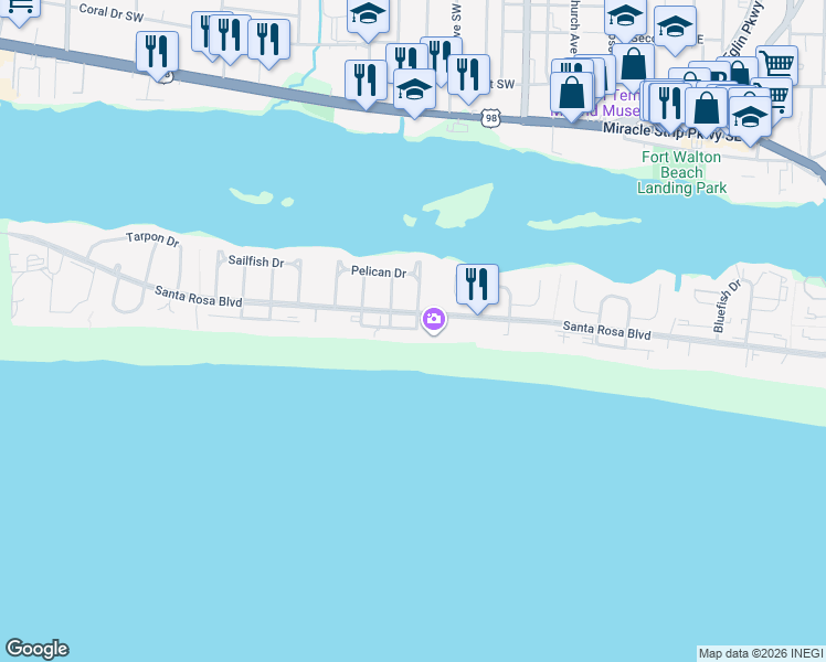 map of restaurants, bars, coffee shops, grocery stores, and more near 833 Santa Rosa Boulevard in Fort Walton Beach
