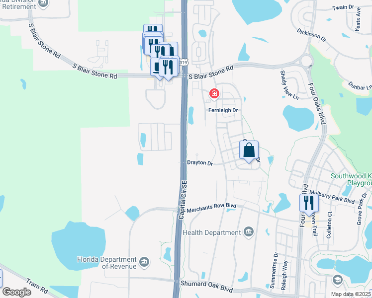 map of restaurants, bars, coffee shops, grocery stores, and more near Capital Circle Southeast Trail in Tallahassee