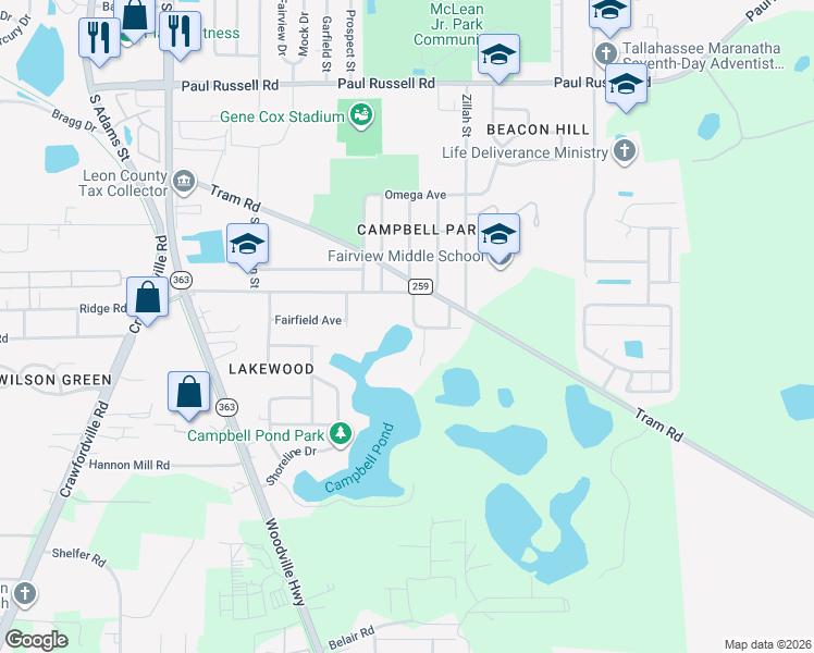 map of restaurants, bars, coffee shops, grocery stores, and more near 3510 Lillian Road in Tallahassee