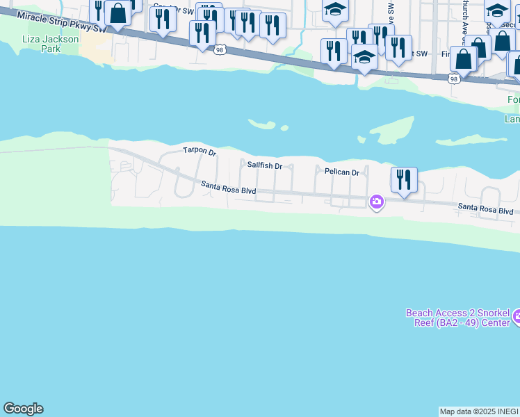 map of restaurants, bars, coffee shops, grocery stores, and more near in Okaloosa Island