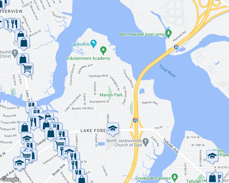 map of restaurants, bars, coffee shops, grocery stores, and more near 8053 Marion Circle in Jacksonville