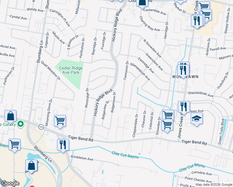 map of restaurants, bars, coffee shops, grocery stores, and more near 5863 Hickory Ridge Boulevard in Baton Rouge