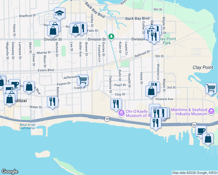 map of restaurants, bars, coffee shops, grocery stores, and more near 420 Pearl Street in Biloxi