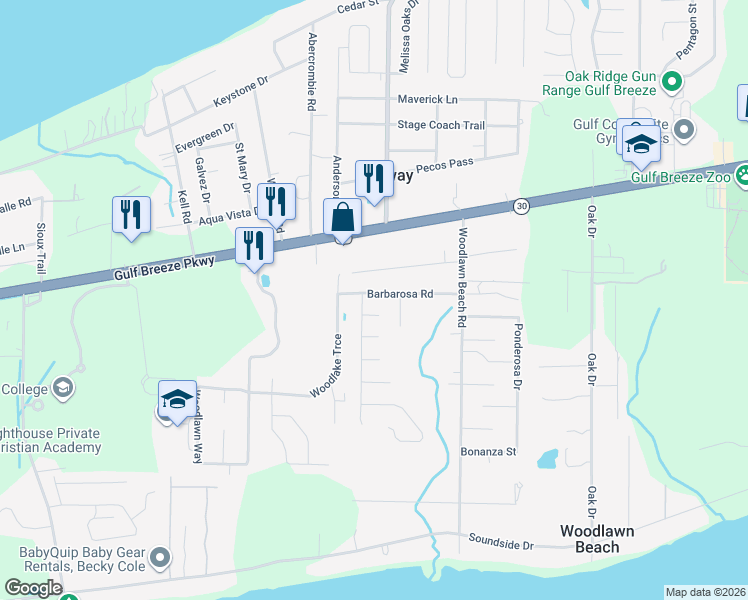 map of restaurants, bars, coffee shops, grocery stores, and more near 5350 Barbarosa Road in Gulf Breeze