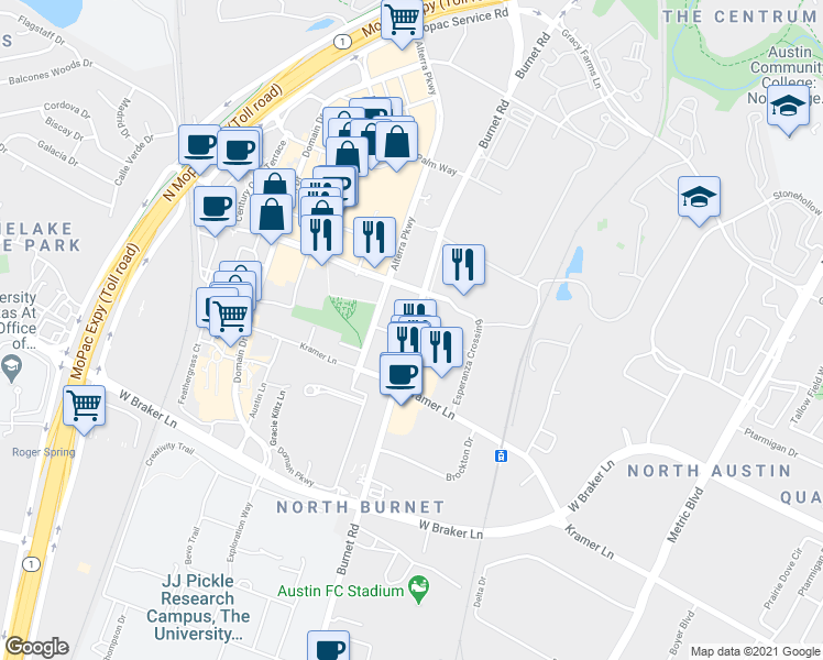 map of restaurants, bars, coffee shops, grocery stores, and more near 11302 Farm to Market Road 1325 in Austin