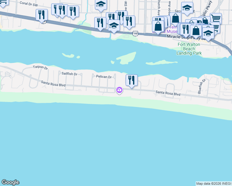 map of restaurants, bars, coffee shops, grocery stores, and more near 833 Santa Rosa Boulevard in Fort Walton Beach