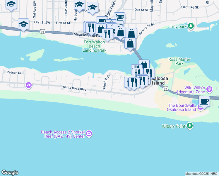 map of restaurants, bars, coffee shops, grocery stores, and more near 362 Bluefish Drive in Fort Walton Beach