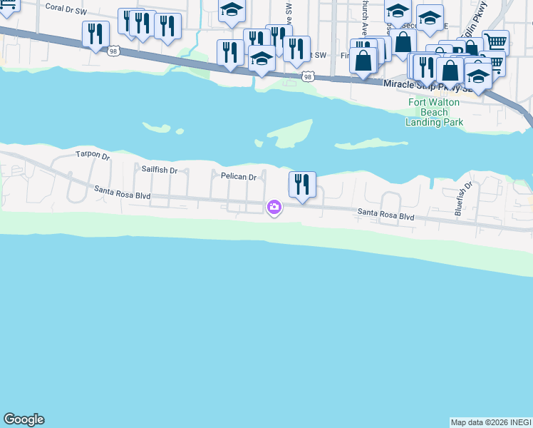 map of restaurants, bars, coffee shops, grocery stores, and more near 833 Santa Rosa Boulevard in Fort Walton Beach