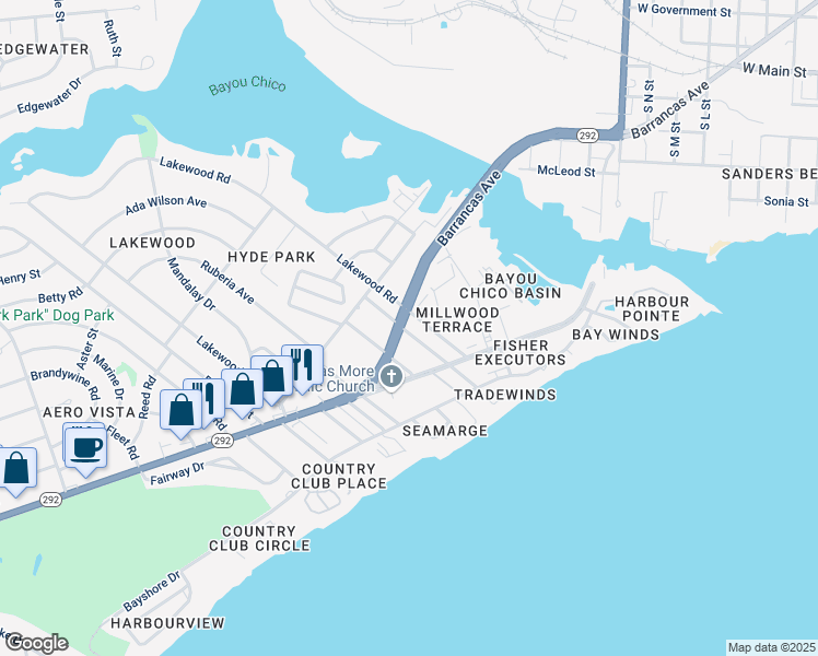 map of restaurants, bars, coffee shops, grocery stores, and more near 250 Weis Lane in Pensacola