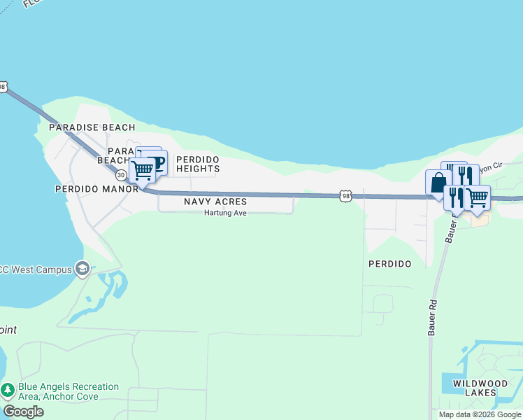 map of restaurants, bars, coffee shops, grocery stores, and more near 12861 Lillian Highway in Pensacola