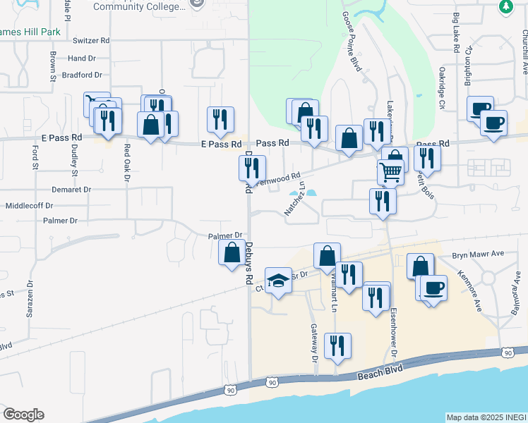 map of restaurants, bars, coffee shops, grocery stores, and more near 266 Debuys Road in Biloxi