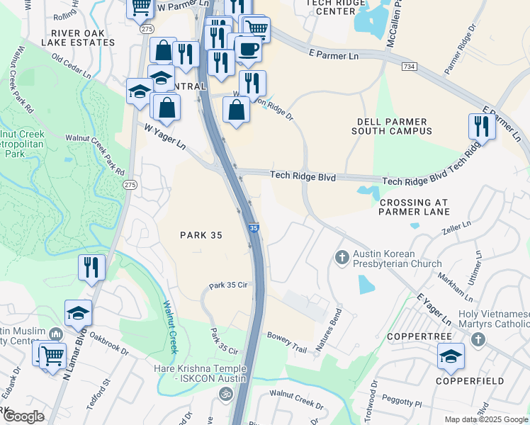 map of restaurants, bars, coffee shops, grocery stores, and more near 12213 Tech Ridge Boulevard in Austin