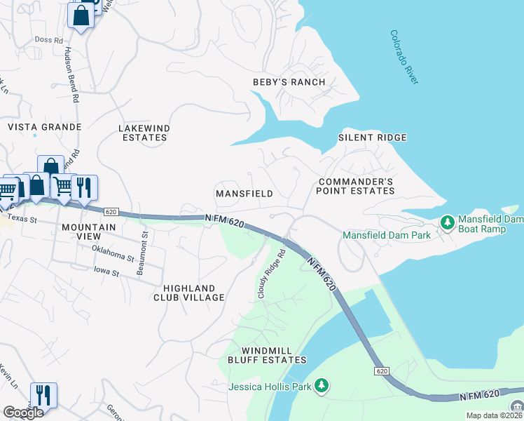 map of restaurants, bars, coffee shops, grocery stores, and more near 14614 Mansfield Dam Court in Austin