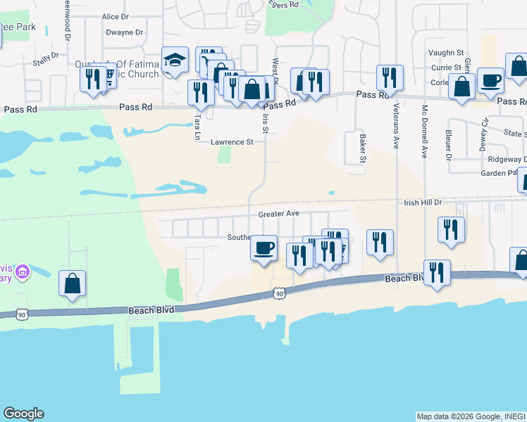 map of restaurants, bars, coffee shops, grocery stores, and more near 1978 Greater Avenue in Biloxi