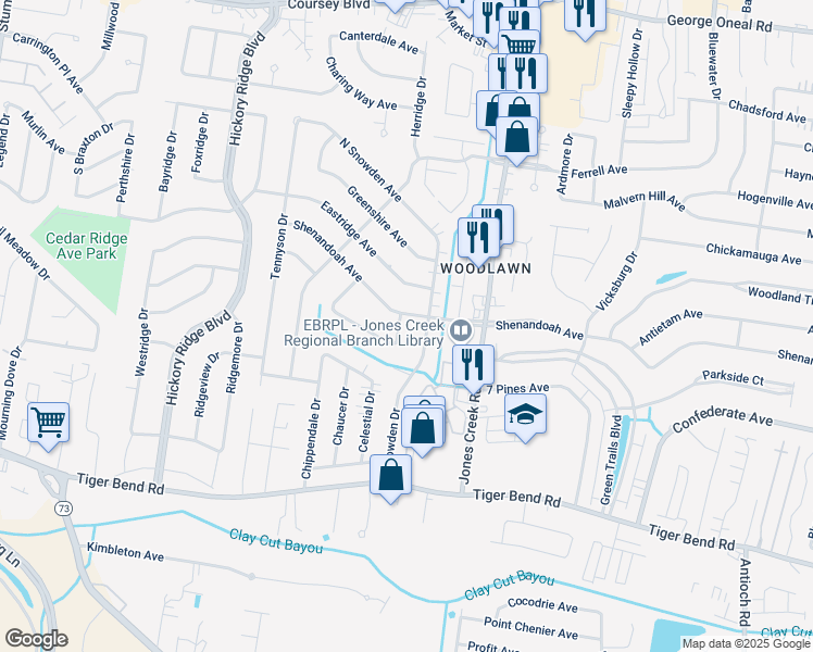 map of restaurants, bars, coffee shops, grocery stores, and more near 14651 Shenandoah Avenue in Baton Rouge