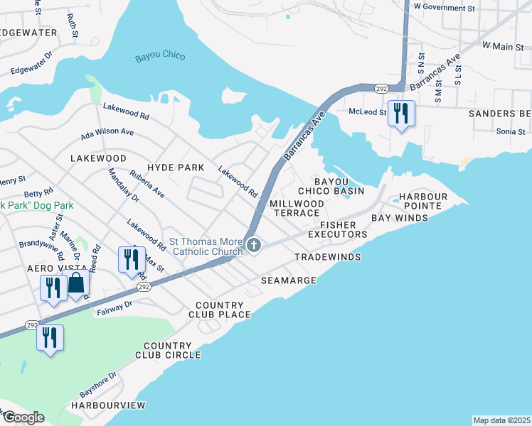 map of restaurants, bars, coffee shops, grocery stores, and more near 250 Weis Lane in Pensacola