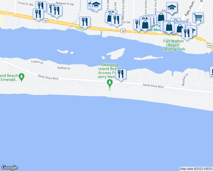 map of restaurants, bars, coffee shops, grocery stores, and more near 833 Santa Rosa Boulevard in Fort Walton Beach
