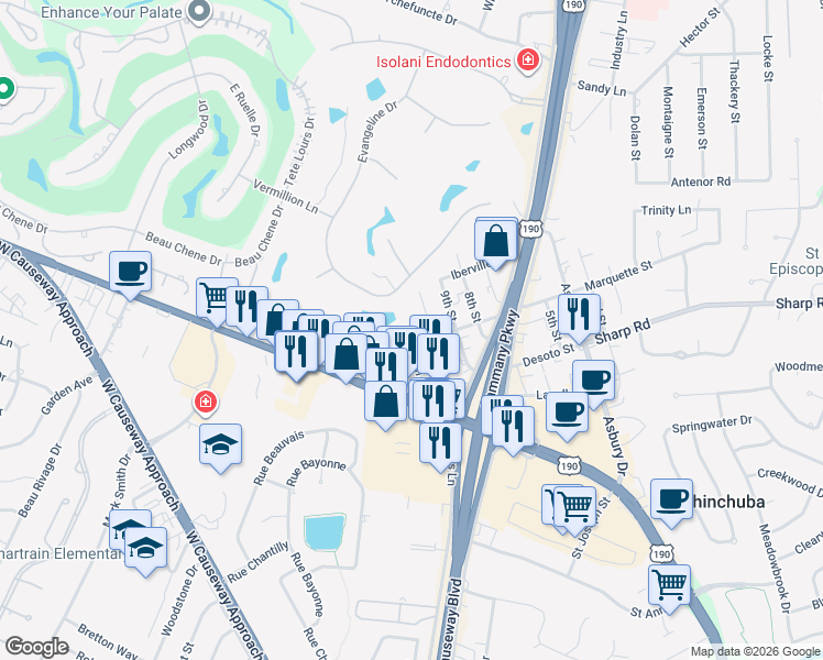 map of restaurants, bars, coffee shops, grocery stores, and more near 2303 11th Street in Mandeville