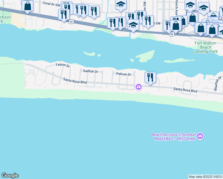 map of restaurants, bars, coffee shops, grocery stores, and more near 676 Santa Rosa Boulevard in Fort Walton Beach