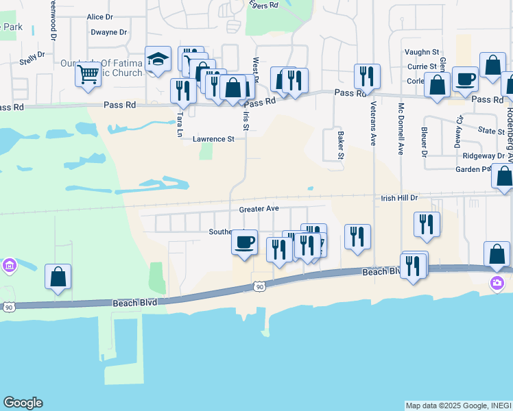 map of restaurants, bars, coffee shops, grocery stores, and more near 1962 Greater Avenue in Biloxi