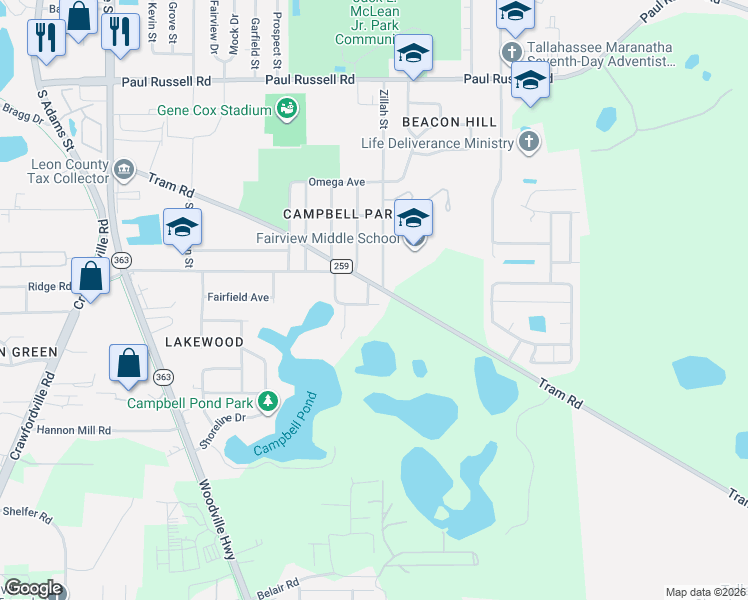 map of restaurants, bars, coffee shops, grocery stores, and more near 3504 Chauncey Road in Tallahassee