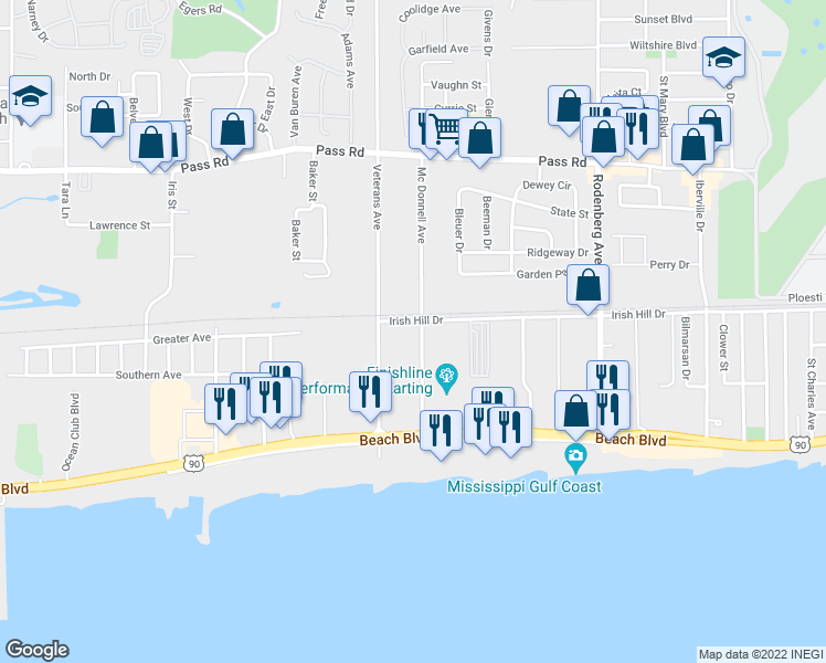map of restaurants, bars, coffee shops, grocery stores, and more near 1805 Irish Hill Drive in Biloxi