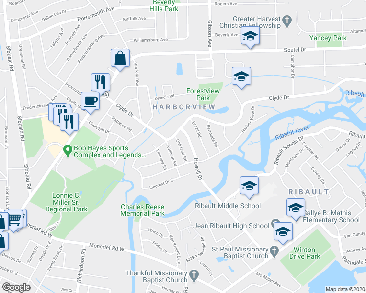 map of restaurants, bars, coffee shops, grocery stores, and more near 8543 Oak Leaf Road in Jacksonville