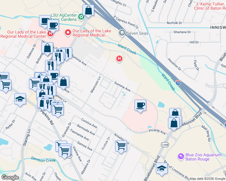 map of restaurants, bars, coffee shops, grocery stores, and more near 5143c Blair Lane in Baton Rouge