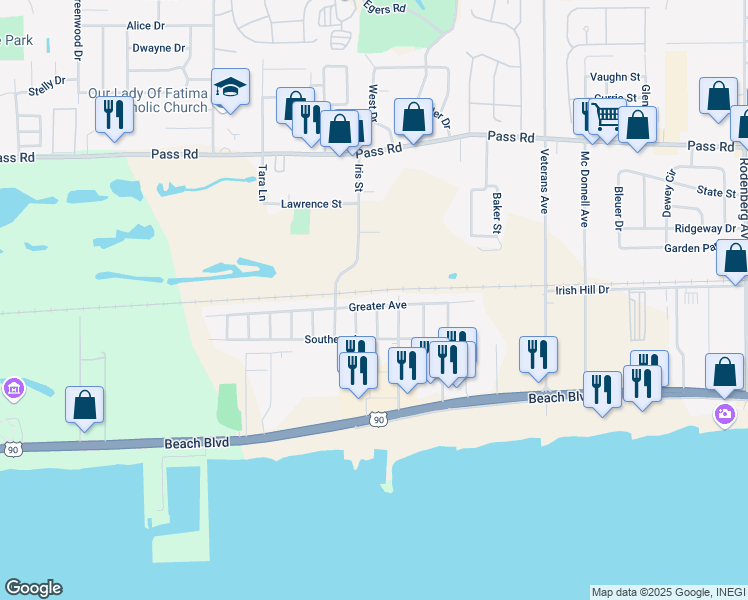 map of restaurants, bars, coffee shops, grocery stores, and more near 1962 Greater Avenue in Biloxi