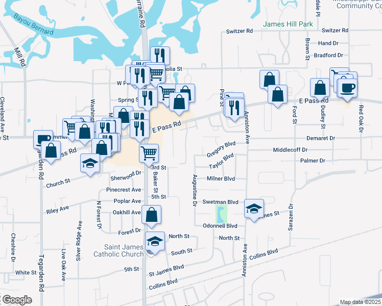 map of restaurants, bars, coffee shops, grocery stores, and more near 2197 Gregory Boulevard in Gulfport