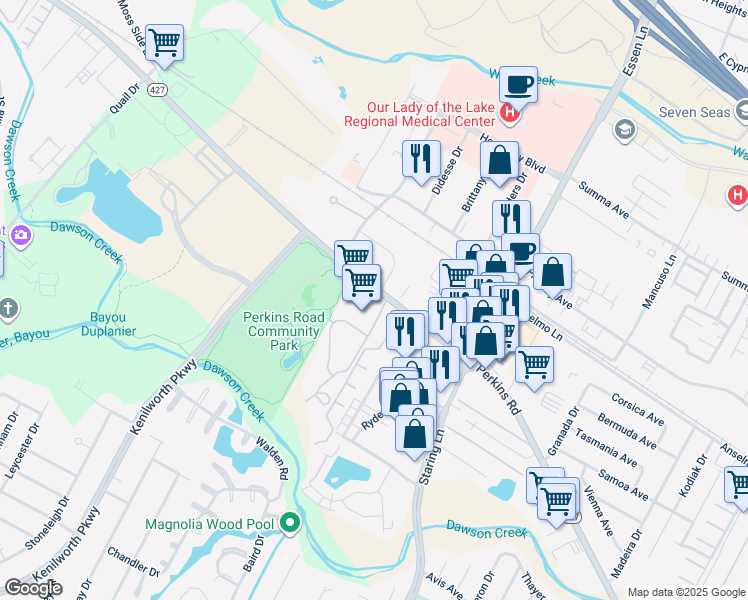 map of restaurants, bars, coffee shops, grocery stores, and more near 2122 Perkins Palm Avenue in Baton Rouge