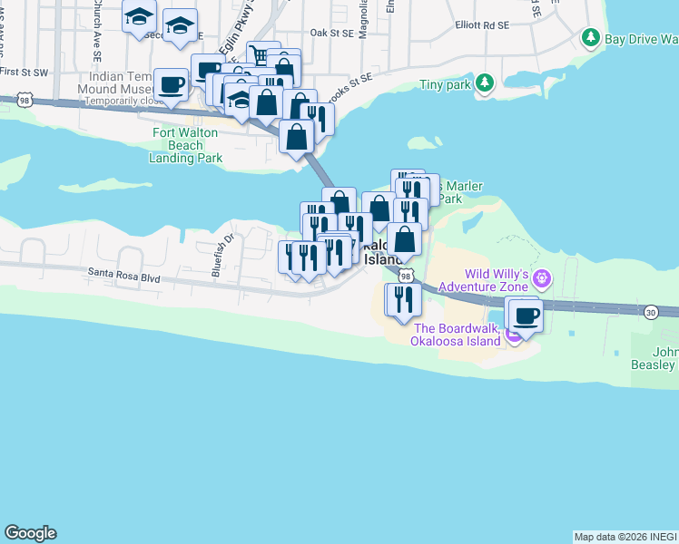 map of restaurants, bars, coffee shops, grocery stores, and more near 106 Santa Rosa Boulevard in Fort Walton Beach