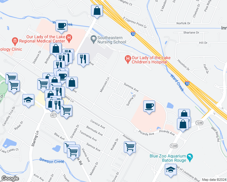 map of restaurants, bars, coffee shops, grocery stores, and more near 5222 Blair Lane in Baton Rouge