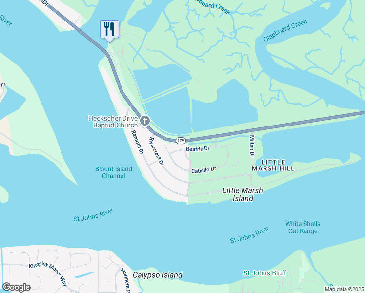 map of restaurants, bars, coffee shops, grocery stores, and more near 6653 Beatrix Drive in Jacksonville