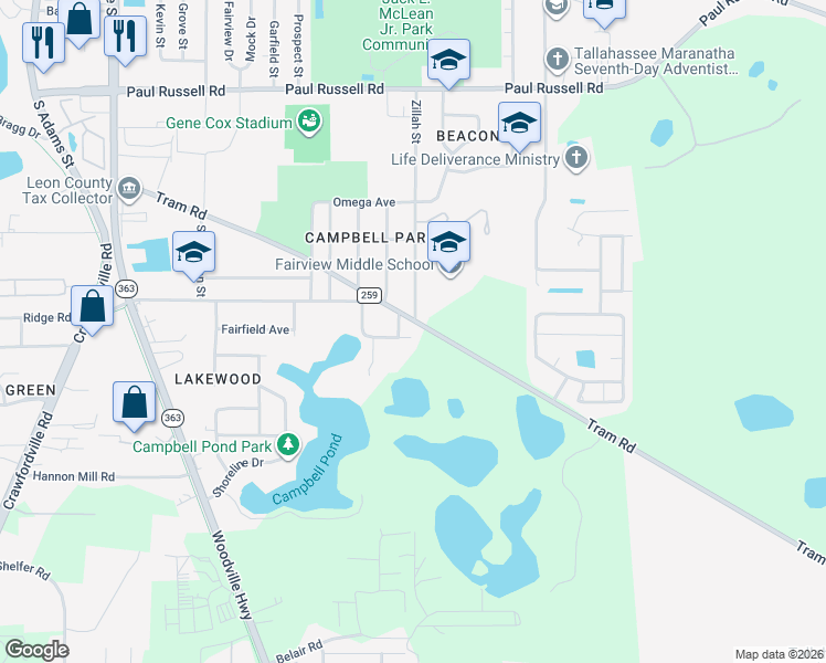 map of restaurants, bars, coffee shops, grocery stores, and more near 612 County Road 259 in Tallahassee