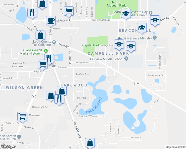 map of restaurants, bars, coffee shops, grocery stores, and more near 3505 Southland Drive in Tallahassee