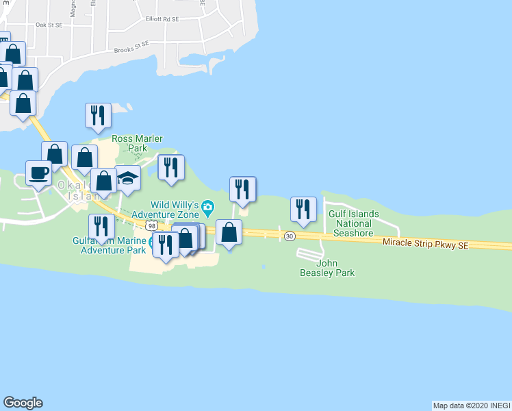 map of restaurants, bars, coffee shops, grocery stores, and more near 1326 Miracle Strip Parkway Southeast in Okaloosa Island