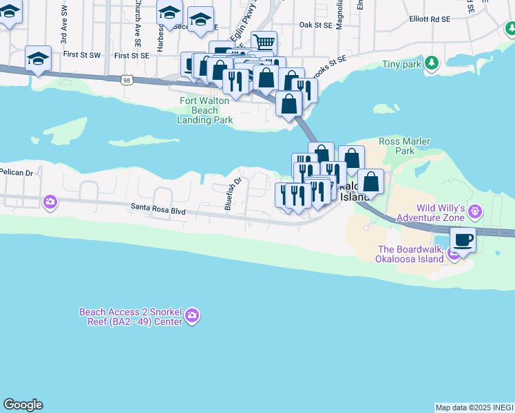 map of restaurants, bars, coffee shops, grocery stores, and more near 312 Bream Avenue in Fort Walton Beach