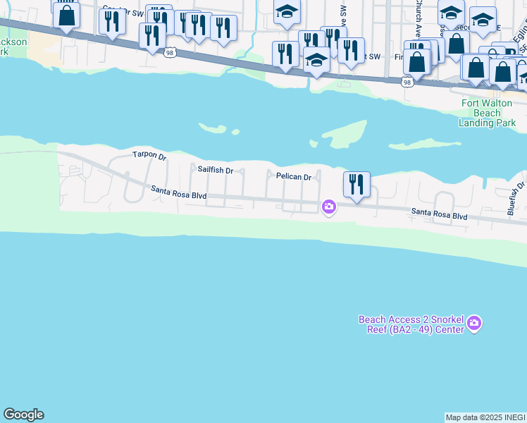 map of restaurants, bars, coffee shops, grocery stores, and more near 676 Pelican Drive in Okaloosa Island