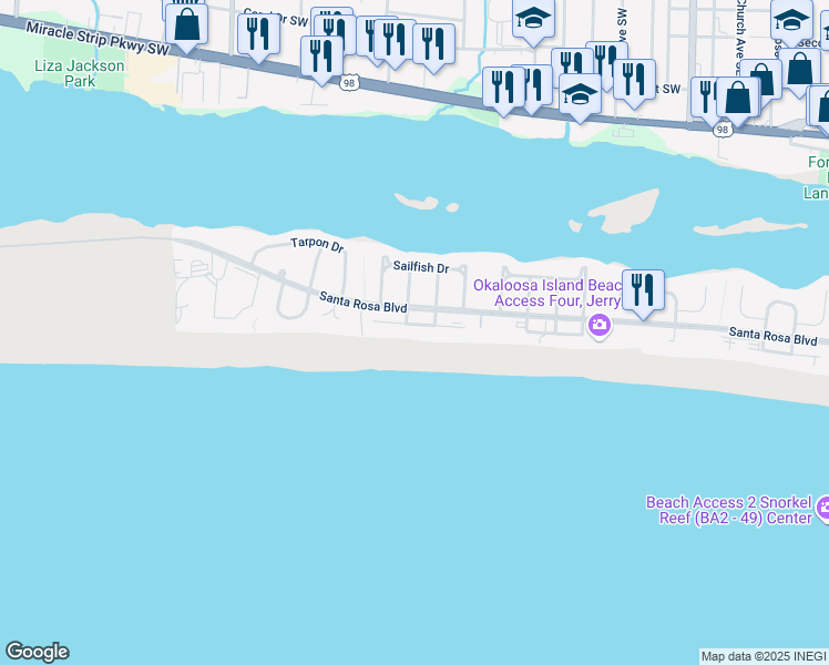 map of restaurants, bars, coffee shops, grocery stores, and more near in Okaloosa Island