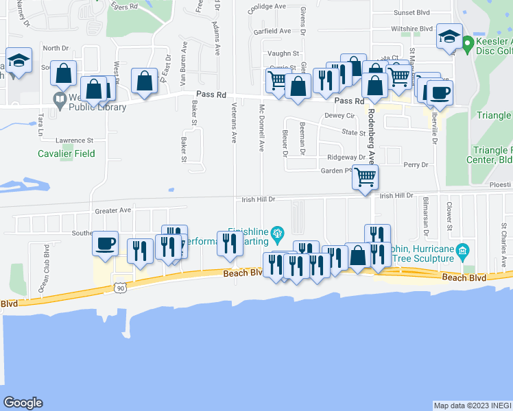 map of restaurants, bars, coffee shops, grocery stores, and more near 1805 Irish Hill Drive in Biloxi