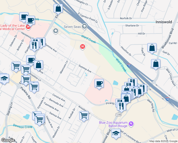 map of restaurants, bars, coffee shops, grocery stores, and more near 8621 Summa Avenue in Baton Rouge