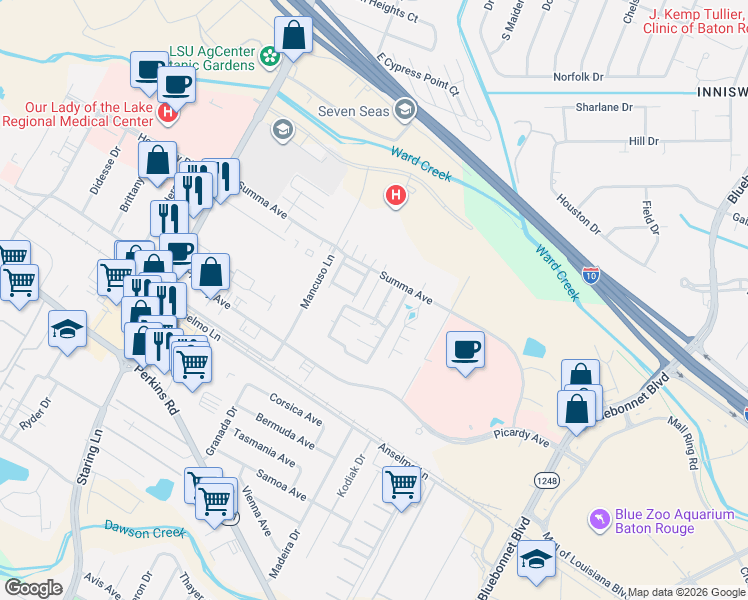 map of restaurants, bars, coffee shops, grocery stores, and more near 5143c Blair Lane in Baton Rouge