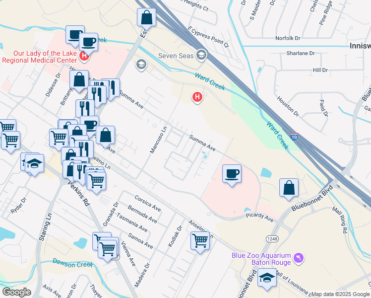 map of restaurants, bars, coffee shops, grocery stores, and more near 5143c Blair Lane in Baton Rouge