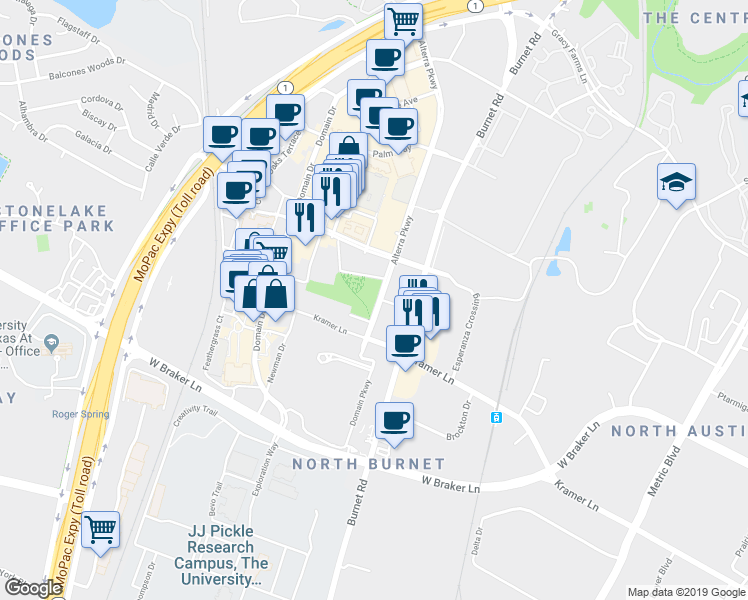 map of restaurants, bars, coffee shops, grocery stores, and more near 11100 Alterra Parkway in Austin